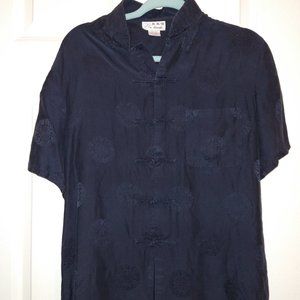 Navy Blue Mandarin Silk Shirt Size M - image 1